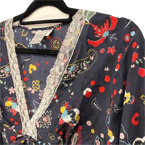 Paul & Joe Sister Silk Blouse Size US 8 EU 40 Bell Sleeves V-Neck Babydoll Lace - Picture 5 of 7
